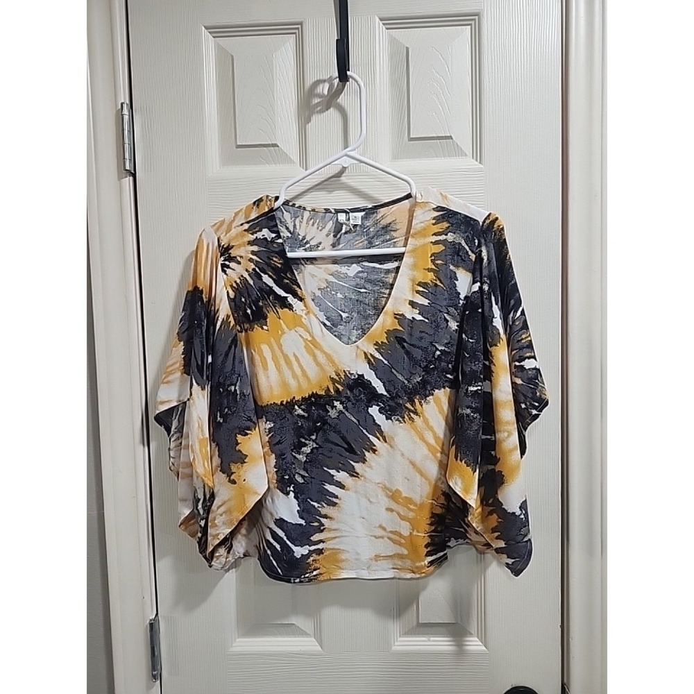 Versona Yellow Gray Tie‎ Dye Short Sleeve Rayon Butterfly Sleeve Crop S